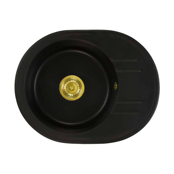 Zlewozmywak Granitowy Jednokomorowy Okrągły Bella - Czarny - Złoty Syfon